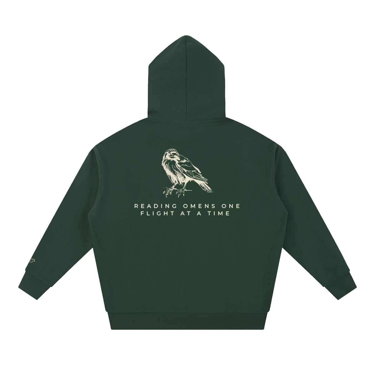 Blackish green heavyweight hoodie with raven back print, back view