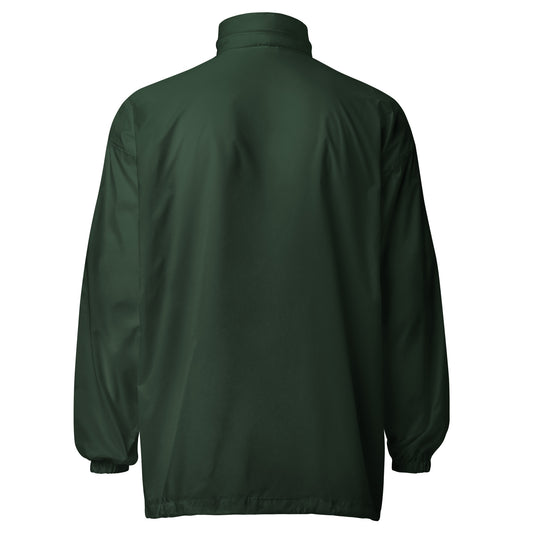 forest green windbreaker on a white background, back view