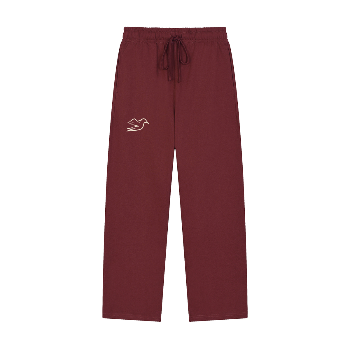 Dull red heavyweight pants with Auspex bird at the hip, front view