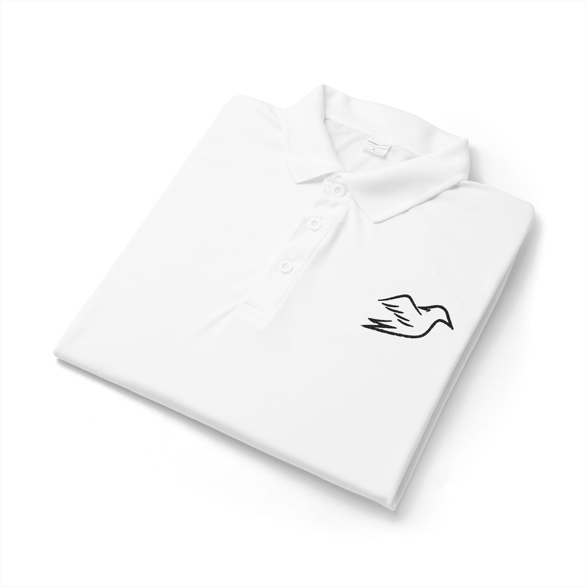 White performance golf polo with embroidered Auspex bird, folded