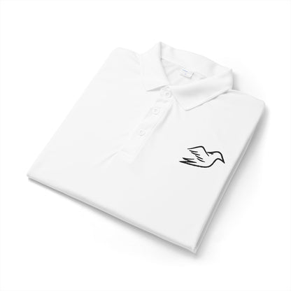 White performance golf polo with embroidered Auspex bird, folded