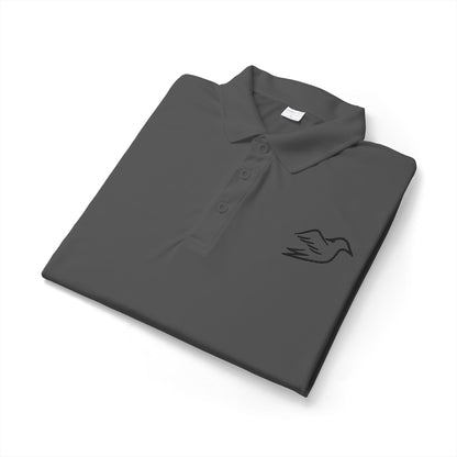 Iron grey performance golf polo with embroidered Auspex bird, folded