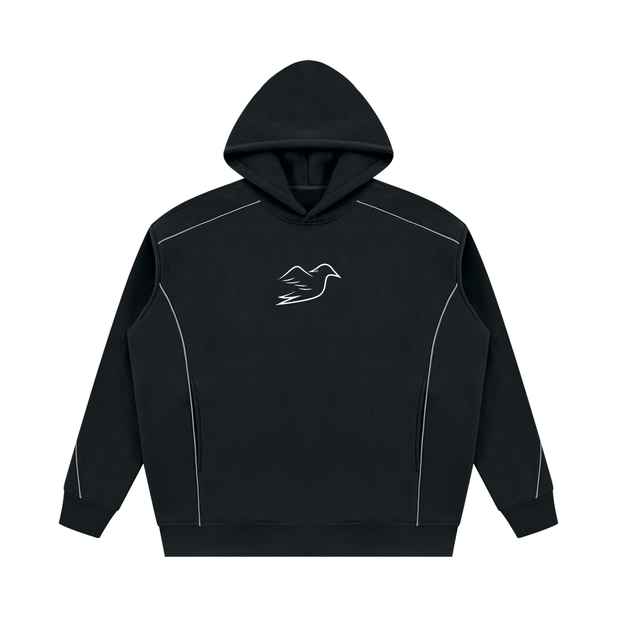Black piping hoodie with Auspex bird on the chest, front view
