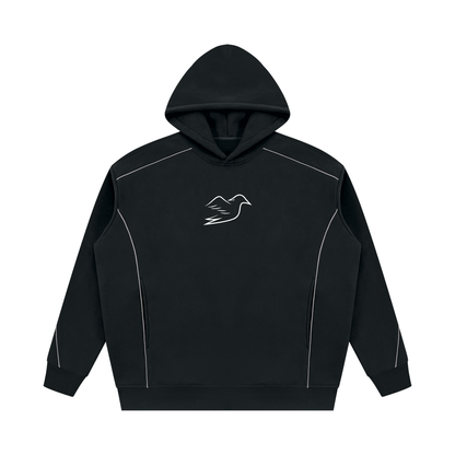 Black piping hoodie with Auspex bird on the chest, front view