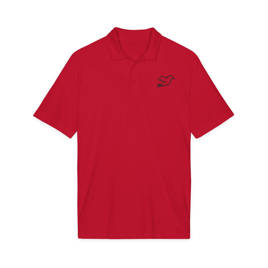 True red performance golf polo with embroidered Auspex bird, front view