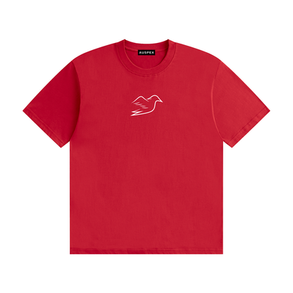 Red cotton tee with Auspex bird on the chest, front view