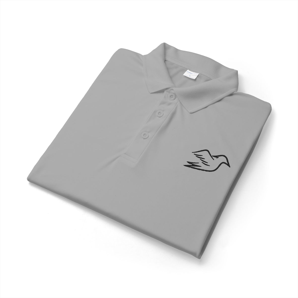 Silver performance golf polo with embroidered Auspex bird, folded