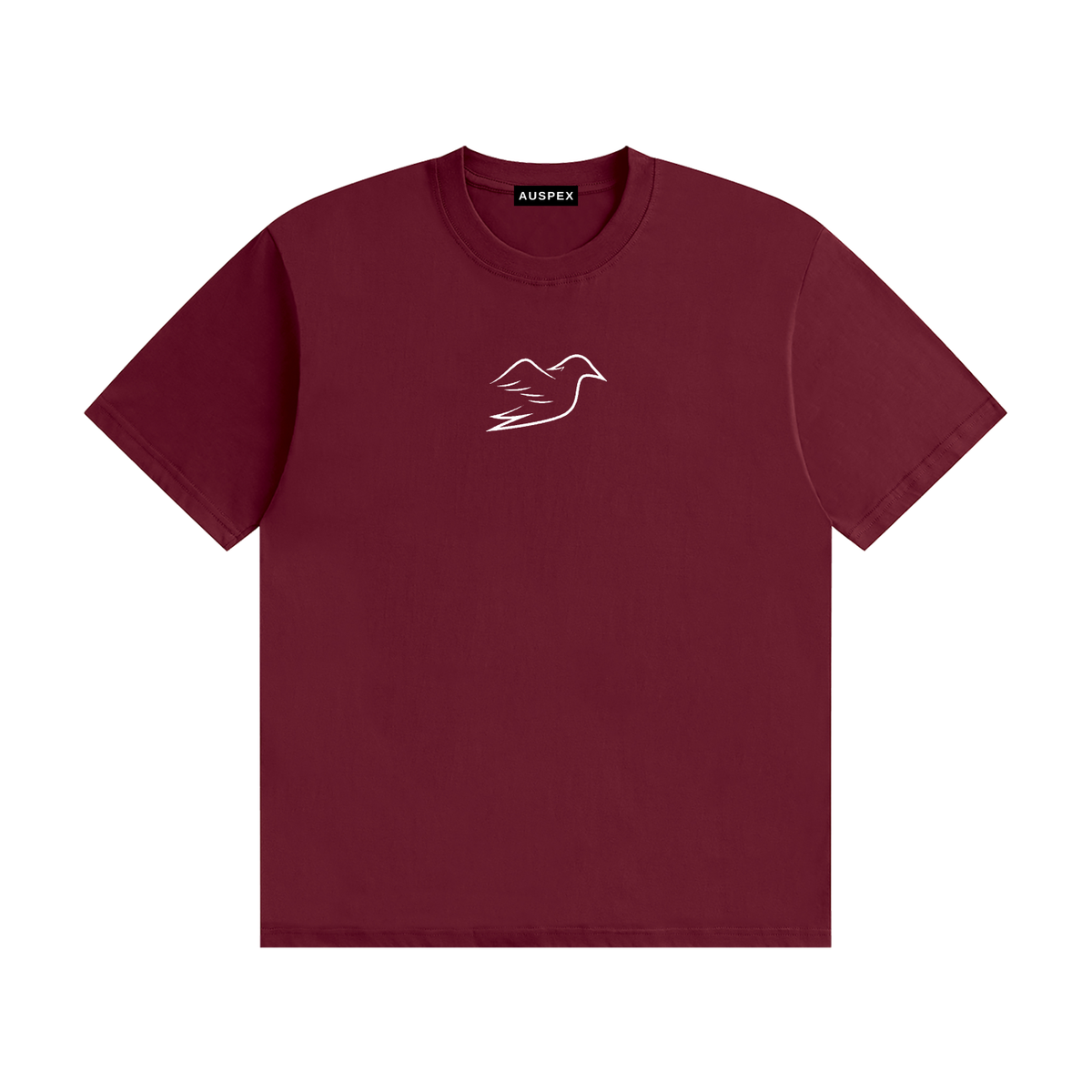 Wine red cotton tee with Auspex bird on the chest, front view
