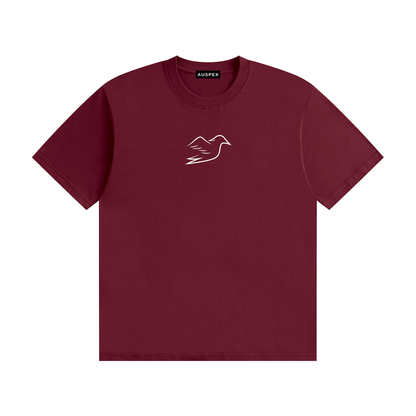 Wine red cotton tee with Auspex bird on the chest, front view