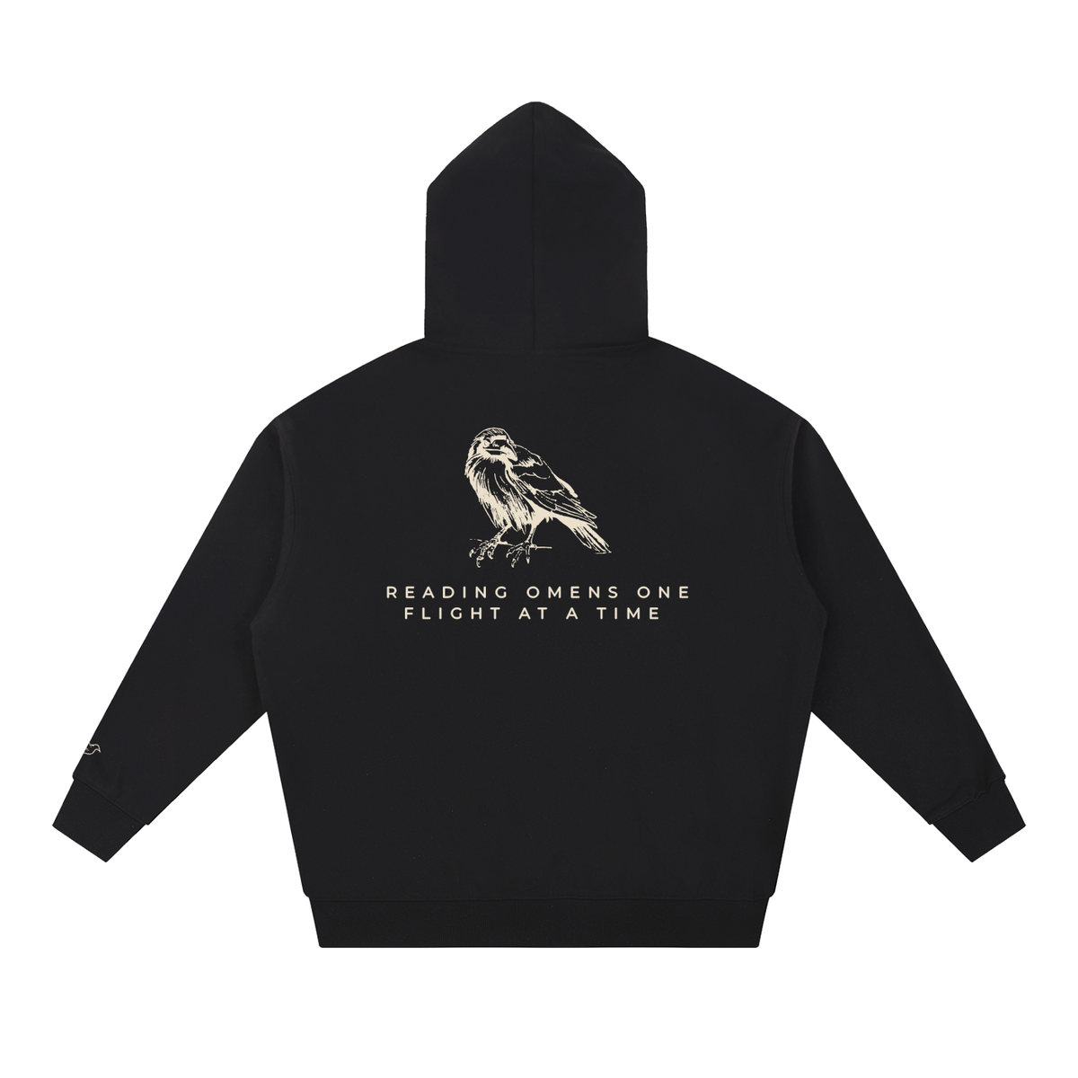 Black heavyweight hoodie with raven back print, back view
