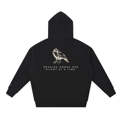 Black heavyweight hoodie with raven back print, back view