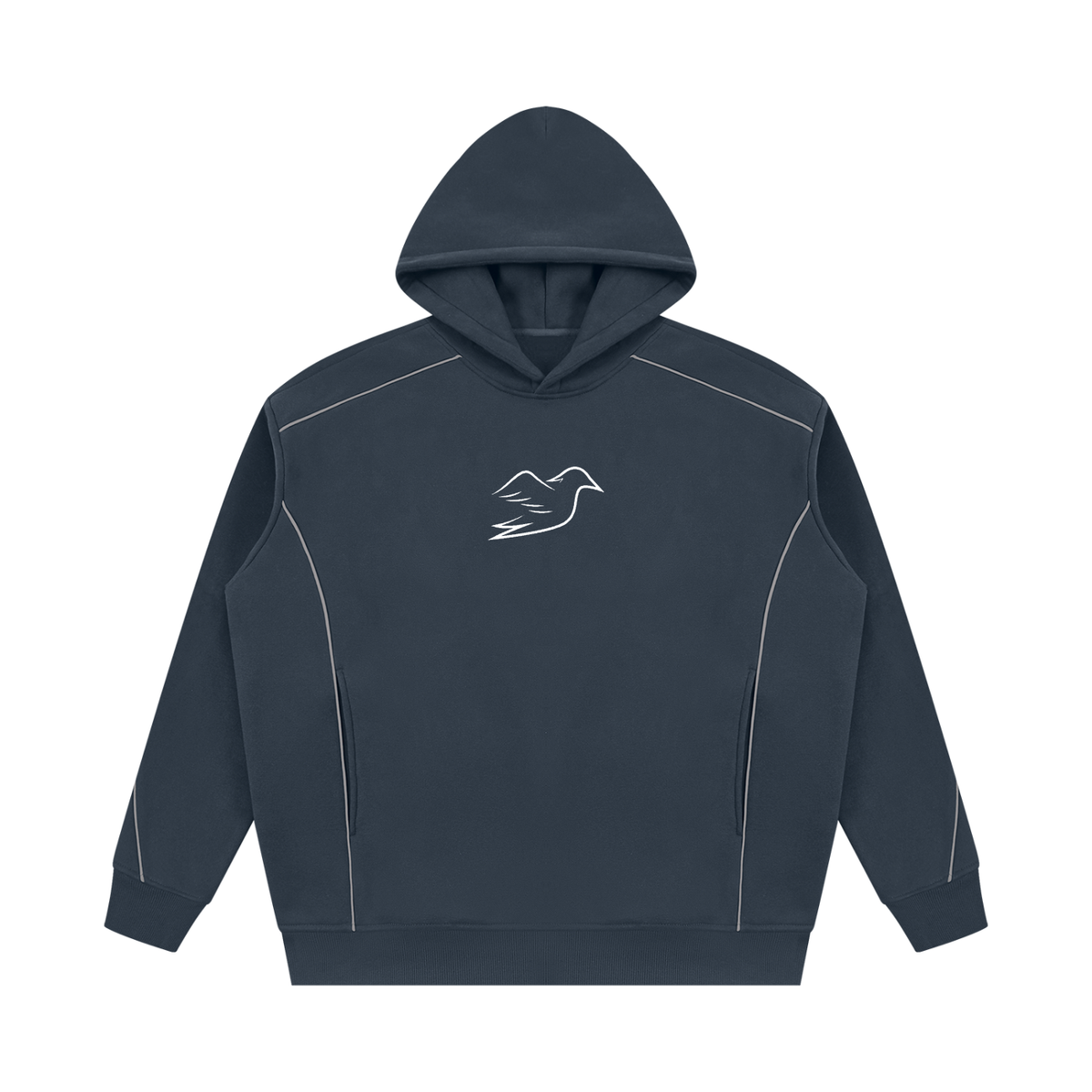 Navy blue piping hoodie with Auspex bird on the chest, front view