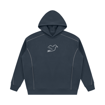 Navy blue piping hoodie with Auspex bird on the chest, front view