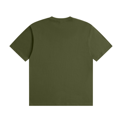 Army green cotton tee, back view