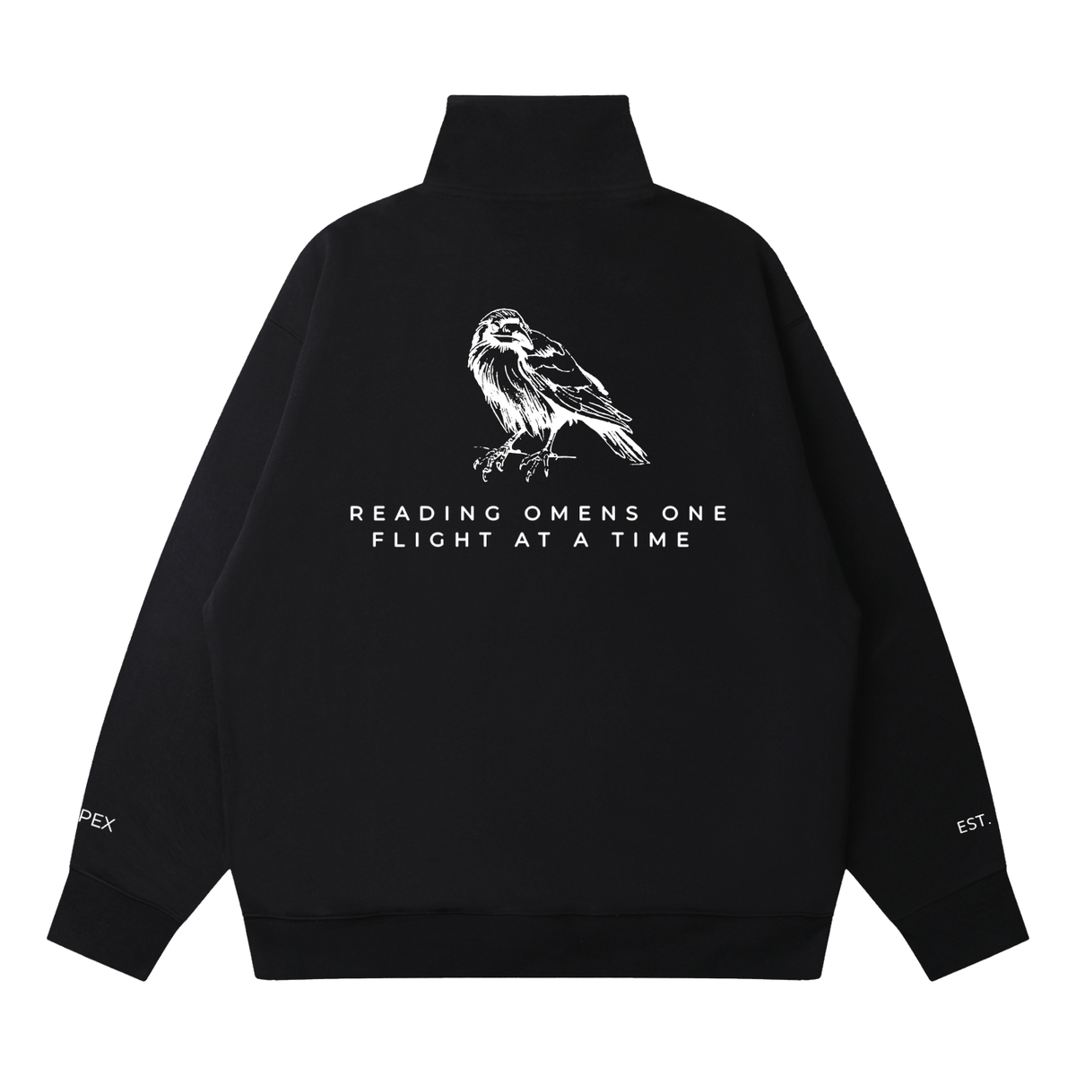 Black 3/4 zip with raven back print, back view