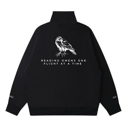 Black 3/4 zip with raven back print, back view
