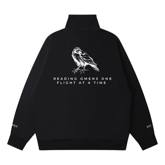 Black 3/4 zip with raven back print, back view