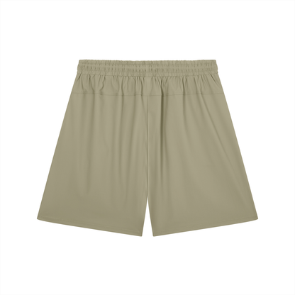 Khaki stretch shorts, back view