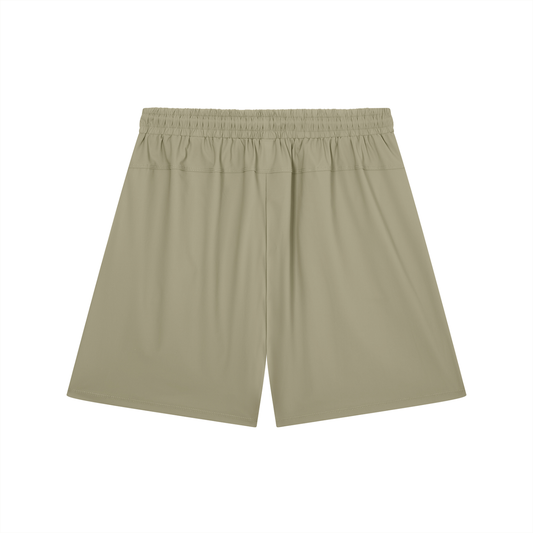 Khaki stretch shorts, back view