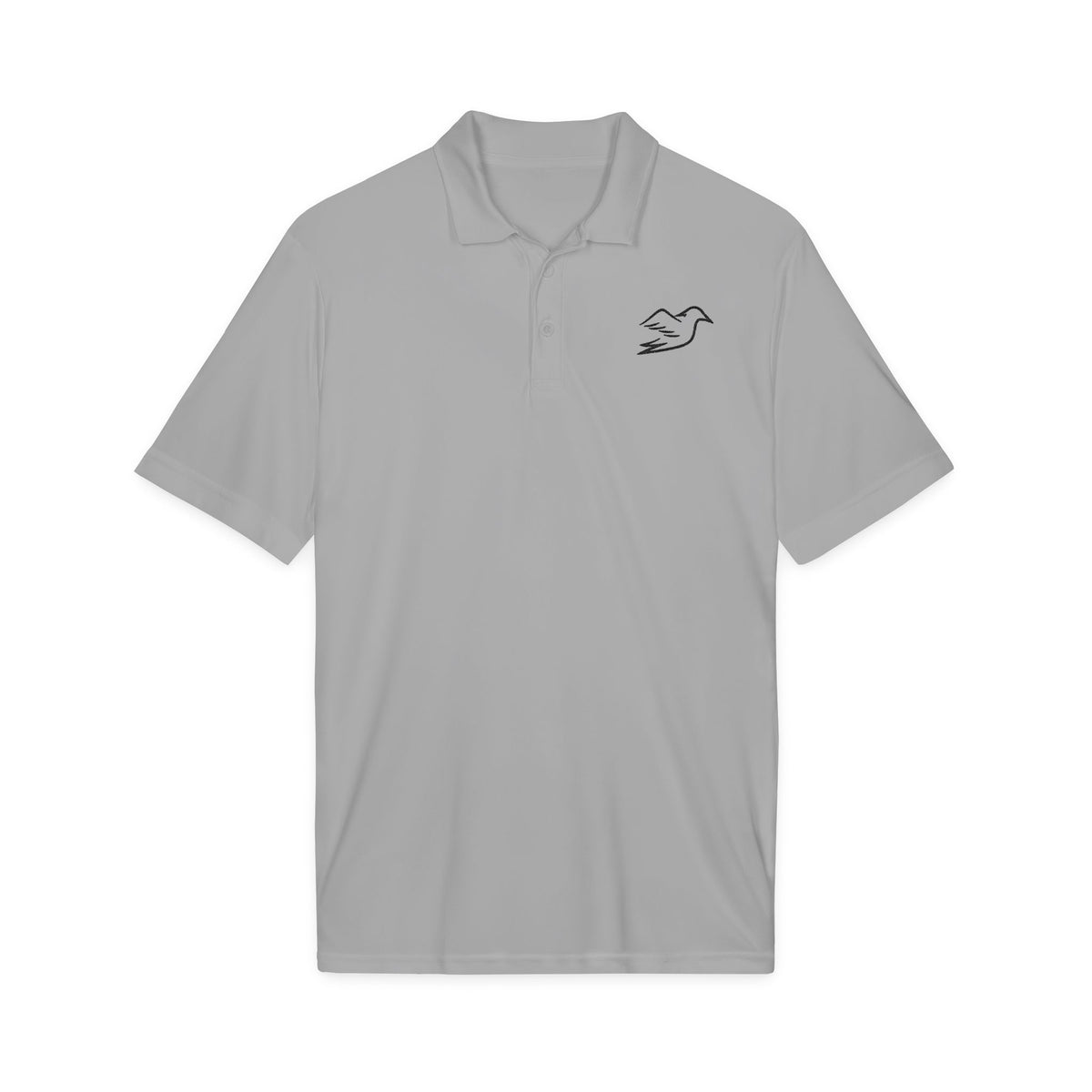 Silver performance golf polo with embroidered Auspex bird, front view