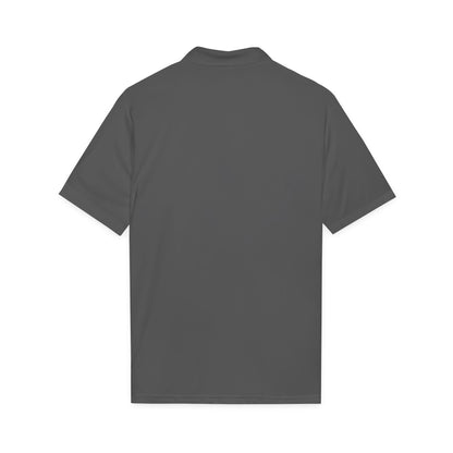 Iron grey performance golf polo, back view