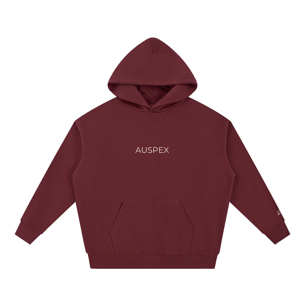 Dull red heavyweight hoodie with AUSPEX on the chest, front view