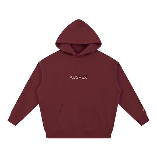 Dull red heavyweight hoodie with AUSPEX on the chest, front view