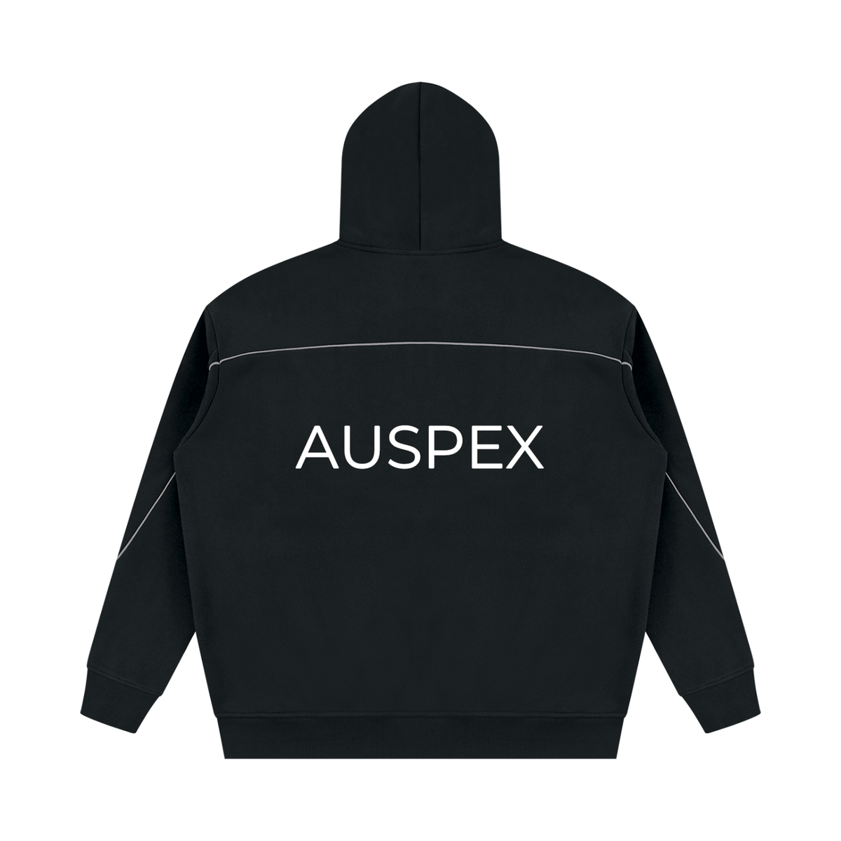 Black piping hoodie with AUSPEX across the back, back view