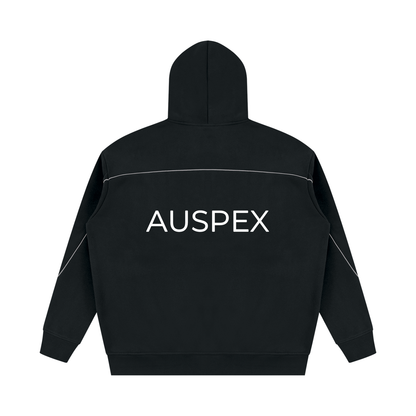 Black piping hoodie with AUSPEX across the back, back view