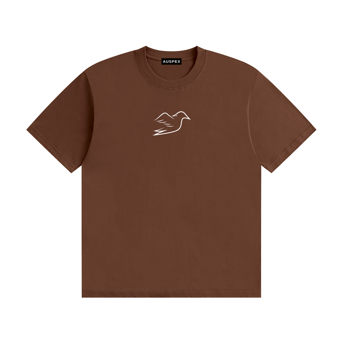 Coffee cotton tee with Auspex bird on the chest, front view