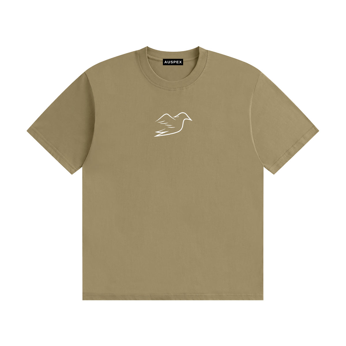 Khaki cotton tee with Auspex bird on the chest, front view