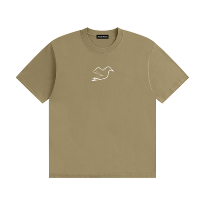 Khaki cotton tee with Auspex bird on the chest, front view