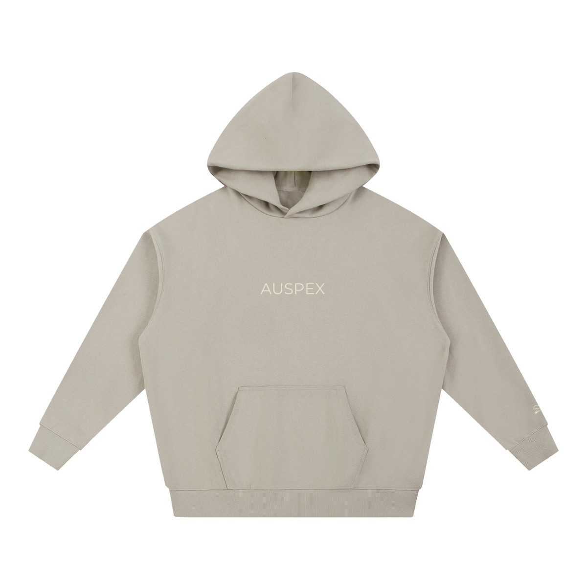 Light gray heavyweight hoodie with AUSPEX on the chest, front view