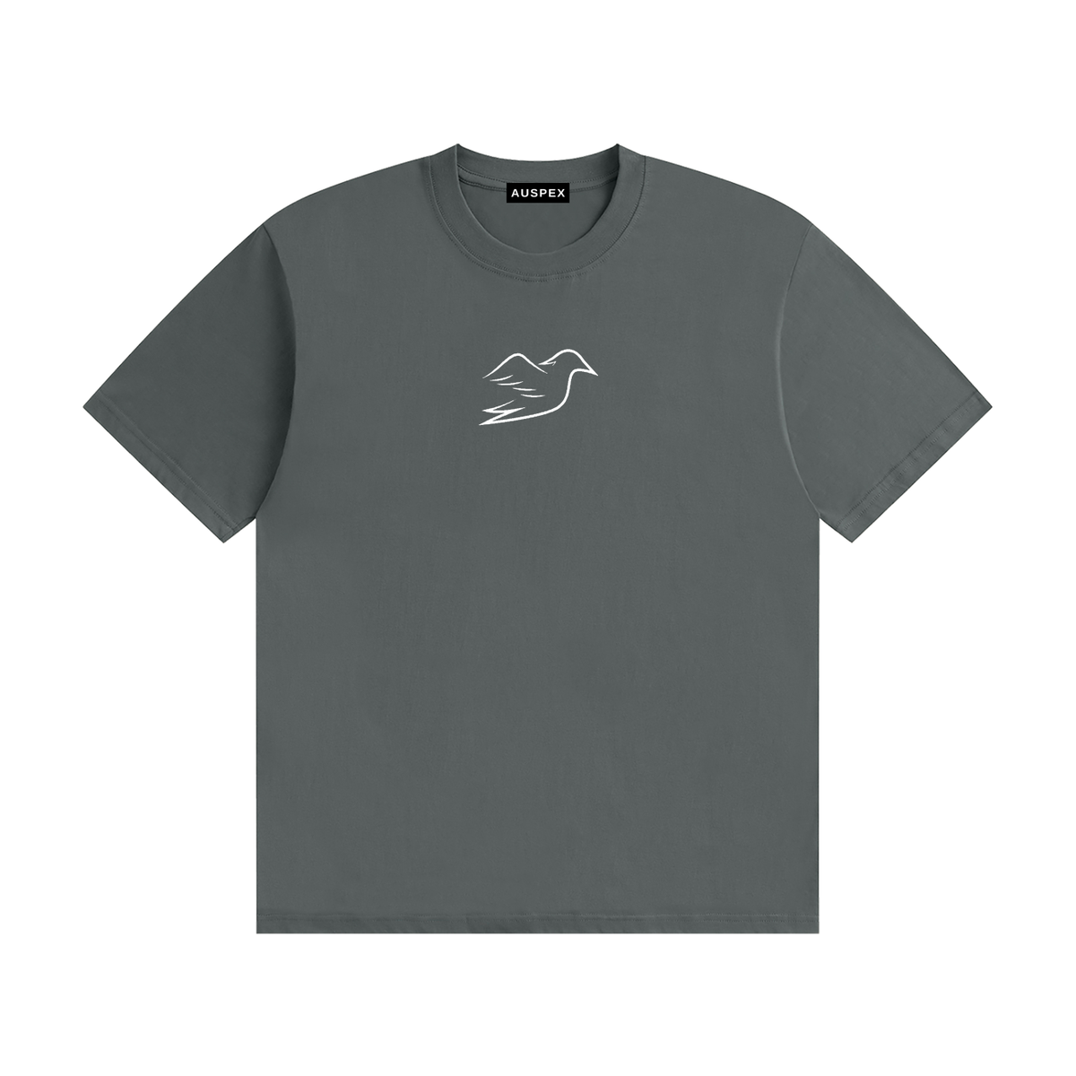 Gray cotton tee with Auspex bird on the chest, front view