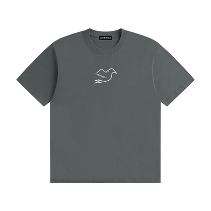 Gray cotton tee with Auspex bird on the chest, front view