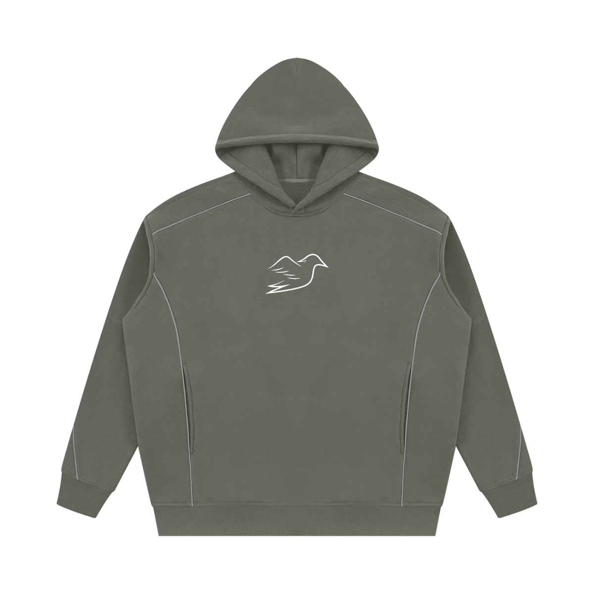 Medium gray piping hoodie with Auspex bird on the chest, front view
