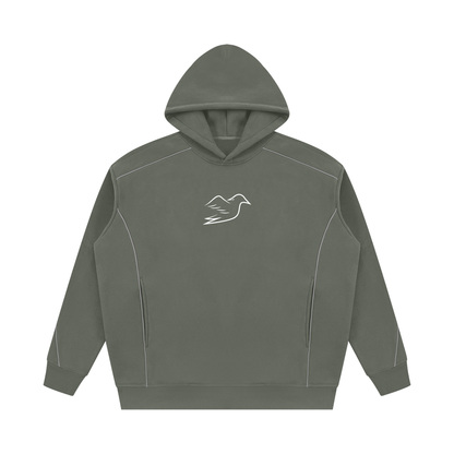 Medium gray piping hoodie with Auspex bird on the chest, front view
