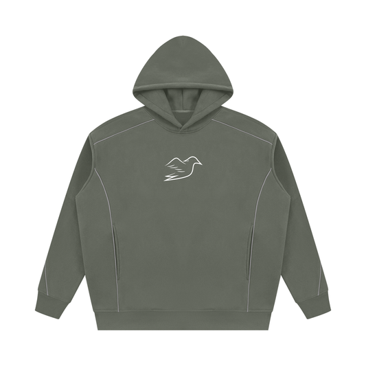 Medium gray piping hoodie with Auspex bird on the chest, front view
