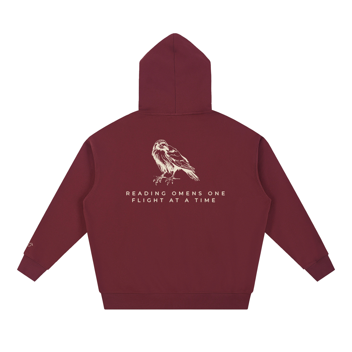 Dull red heavyweight hoodie with raven back print, back view
