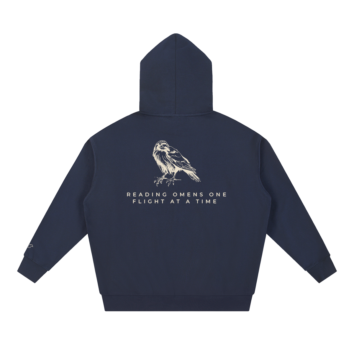 Navy blue heavyweight hoodie with raven back print, back view