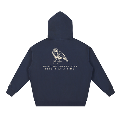 Navy blue heavyweight hoodie with raven back print, back view