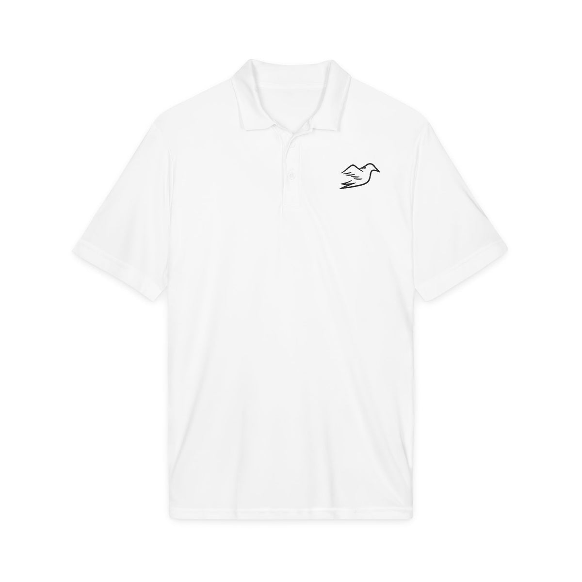 White performance golf polo with embroidered Auspex bird, front view