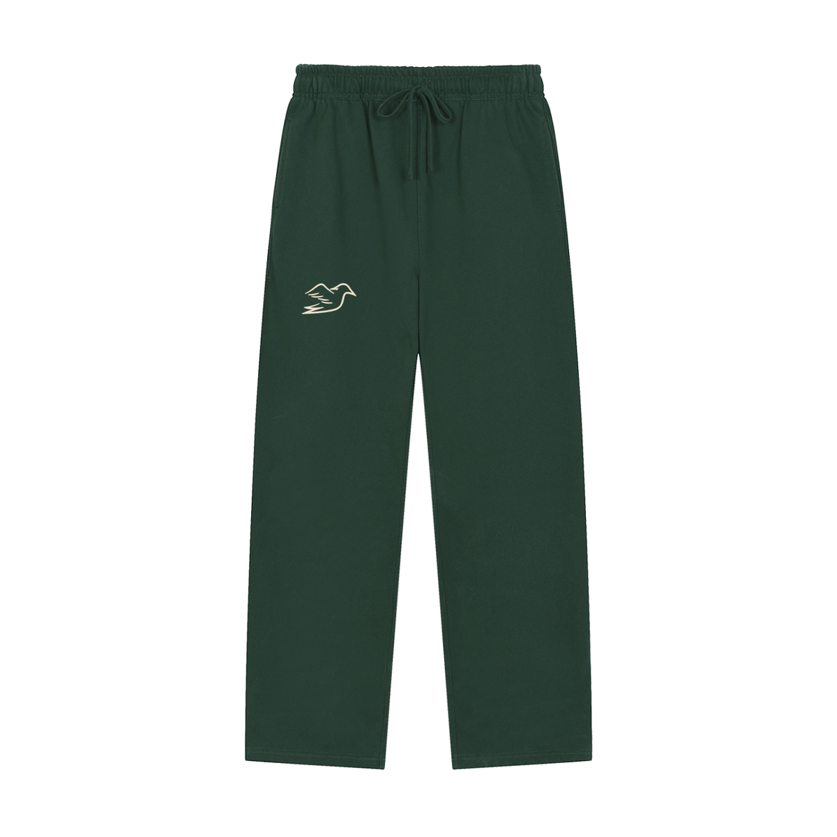 Blackish green heavyweight pants with Auspex bird at the hip, front view