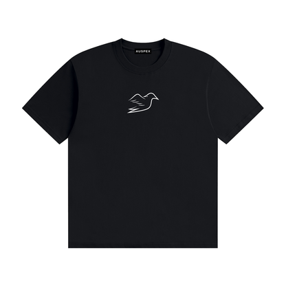 Black cotton tee with Auspex bird on the chest, front view