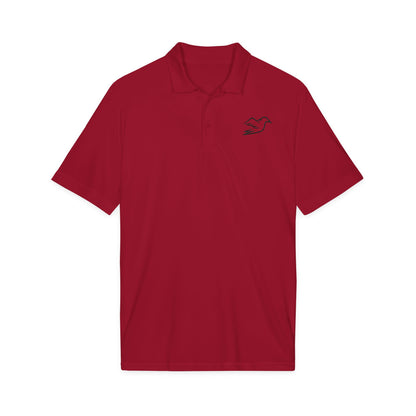 Deep red performance golf polo with embroidered Auspex bird, front view