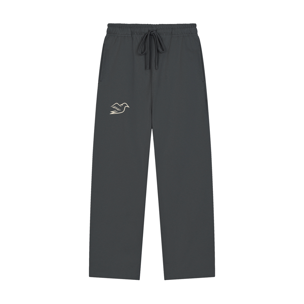 Dark gray heavyweight pants with Auspex bird at the hip, front view