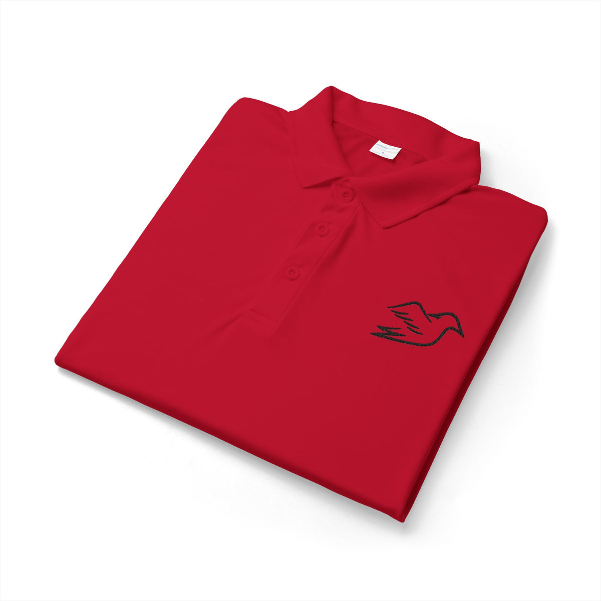 True red performance golf polo with embroidered Auspex bird, folded