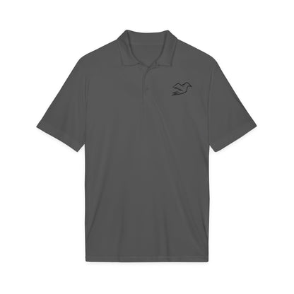 Iron grey performance golf polo with embroidered Auspex bird, front view