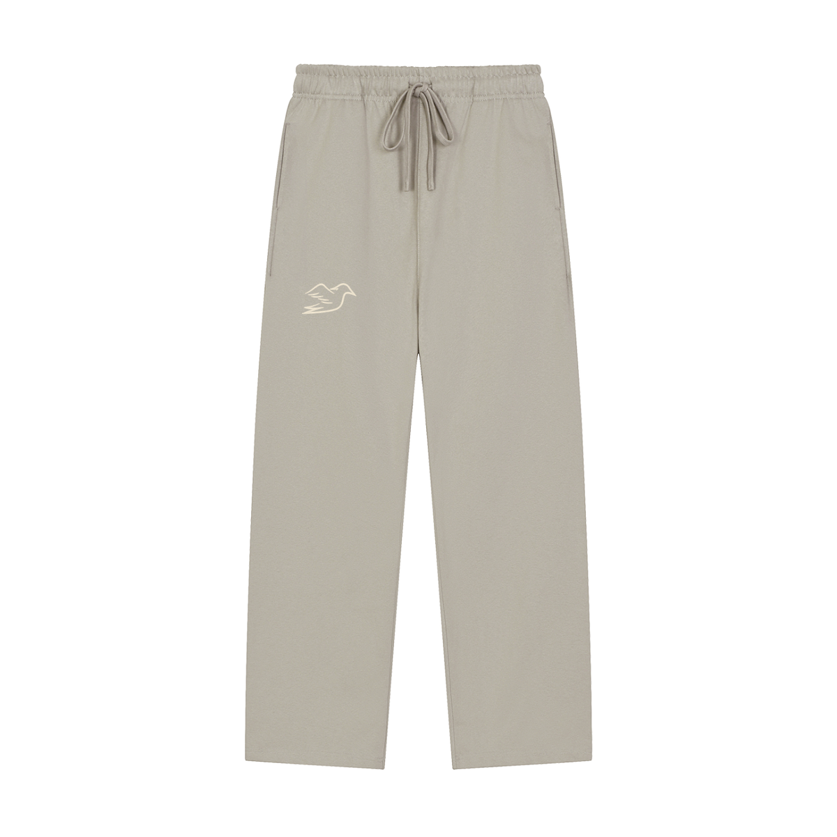 Light gray heavyweight pants with Auspex bird at the hip, front view