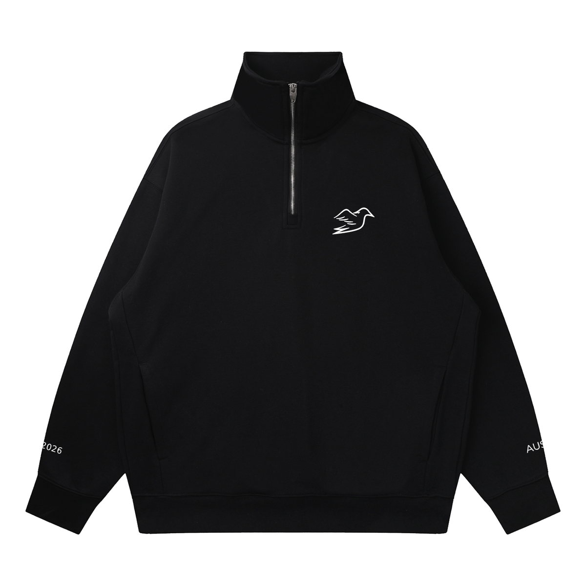Black 3/4 zip with Auspex bird on the chest, front view